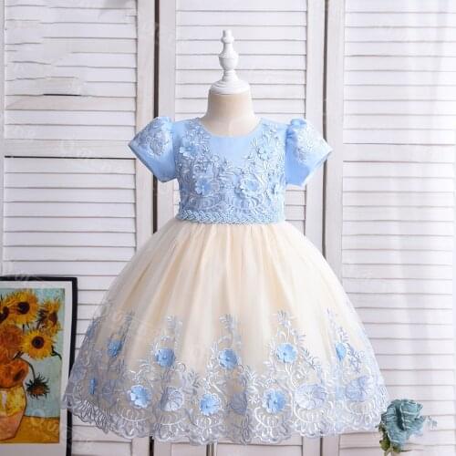 Flower Girl Dress Children Bridemaid Wedding Bule Dresses For Kids Tulle Gowns Girls Boutique Birthday Party Elegant Bow Frocks