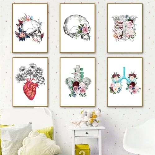 Flowers and Anatomy Posters And Prints Nordic Prints Pictures For Living Room Decor Brain Bone Heart Wall Art Canvas Painting
