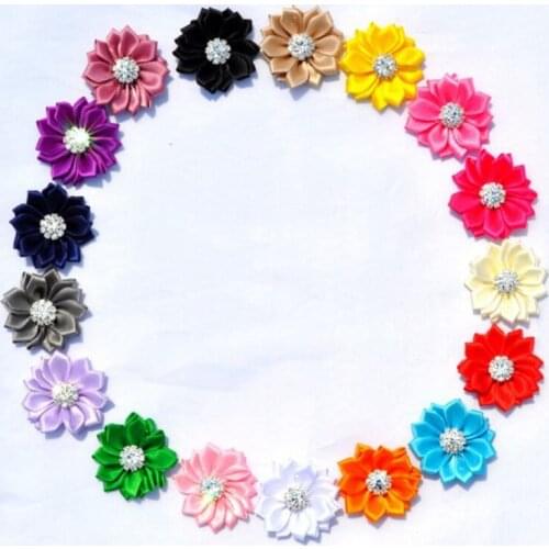 50pcs/lot 5cm 17 Colors Mini Multilayer Satin Ribbon Flowers With Rhinestone Button Artificial Fabric Flowers For Headbands