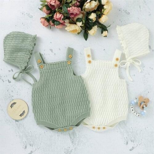 Baby Spring Autumn Clothes Set Knitted Romper Triangle Crotch Button One-Piece Jumpsuit+Hats Toddler Baby Boys Girls 2Pcs