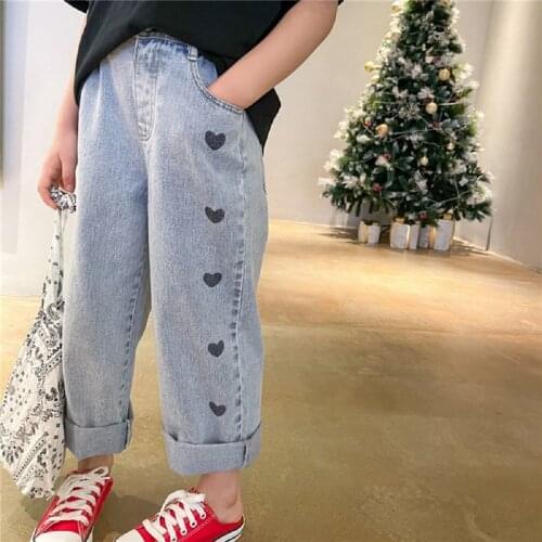 Baby Girls Heart Print Jeans Pants Girls Elastic Waist Casual Pants For Girls Fashion Denim Pants Infant Clothing