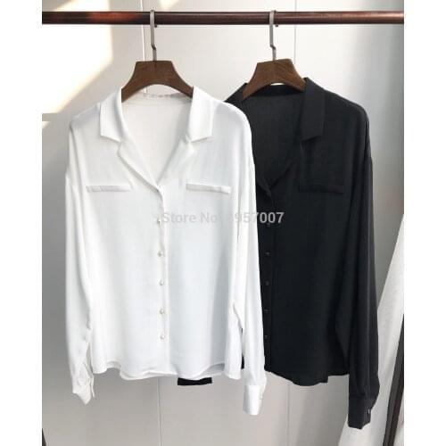 ElfStyle Silk Notched Neck Blouse Top - 2020 Spring Summer Women White/Black Blouse Shirt