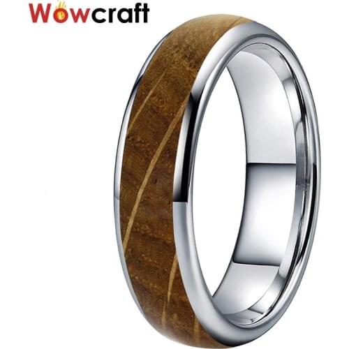 6mm Tungsten Whiskey Barrel Wood Ring for Men Women size 5 to 13 Domed Wedding Bands Comfort Fit Polished Shiny