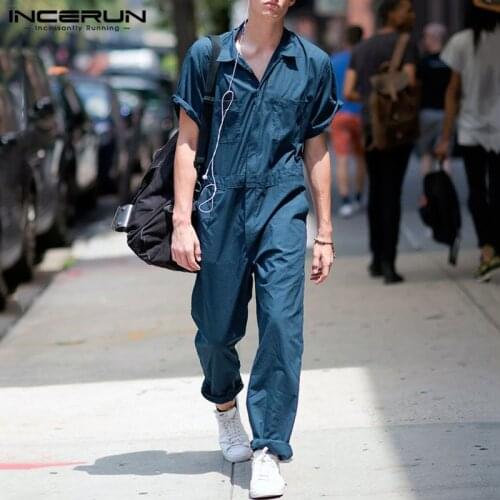 INCERUN Fashion Men Solid Short Sleeve Lapel Shirt Jumpsuit Comfort Cargo Overalls Casual Joker Zipper Mens Rompers Streetwear