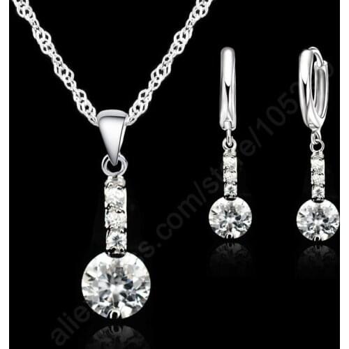 Shining Cubic Zirconia Genuine 925 Sterling Silver Jewelry Sets Pendant Necklace Earring+ Singapore Chain Woman Dress Gift
