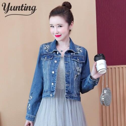 Denim Jacket Korean Floral Embroidery Coat Long Sleeve Outerwear Jacket Women Veste Femme