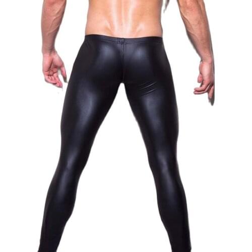 Low Waist U Convex Pouch Sexy Pencil Pant Men Night Club Wear Mens Shiny Faux Leather PU Legging Exotic Long Trousers Gay Wear