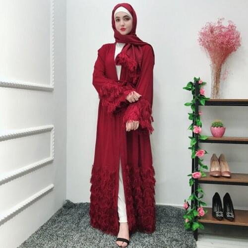 Fashion Elegant Open Abaya For Women Hairy Lace Long Cardigan Robe Dubai Muslim Kaftan Dress Ramadan Arab Islamic Prayer Clothes