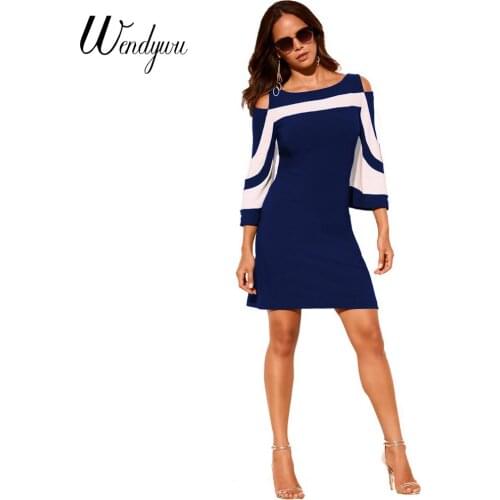 Wendywu 2018 Fashion Three Quarter Sleeve Office Work Slim Dress Women Spring O-Neck Casual Straight Party Blue Mini Dress