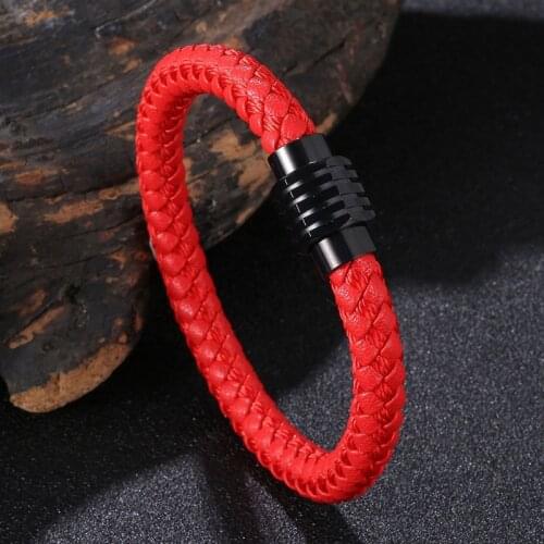 Trendy Men Jewelry Red Braided Leather Rope Bracelet Black Magnet Buckle Bangles Simple Casual Male Wrist Band Lucky Gift SP1161