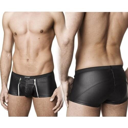 Men Lingerie Faux Leather Panties with Zipper Open Pouch Boxer Shorts Gay Sexy Underwear for Mens Jockstraps Male Night Clubwear