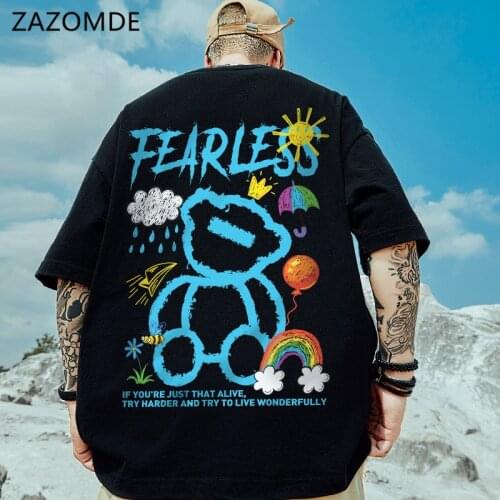 ZAZOMDE New 2021 Bear Printing Oversized T-shirt Tide Hip-hop Hulf-sleeved Couple Outfit Men Tide Loose Large Size Tops