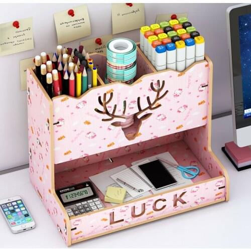 New DIY Pen Holder Box Desk Organizer Large Capacity Desktop Stationary Storage Rack For School Office Deer Head Pattern Wood
