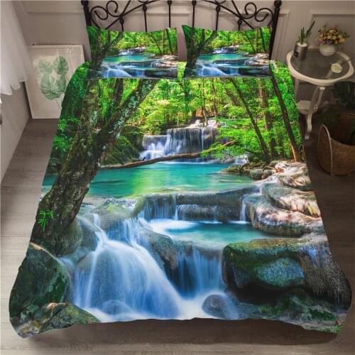 Natural Scenery Quilt Cover Pillowcase Landscape Forest Waterfall Print Queen Bedding Duvet Cover Set Bedspreads With Pillowcase