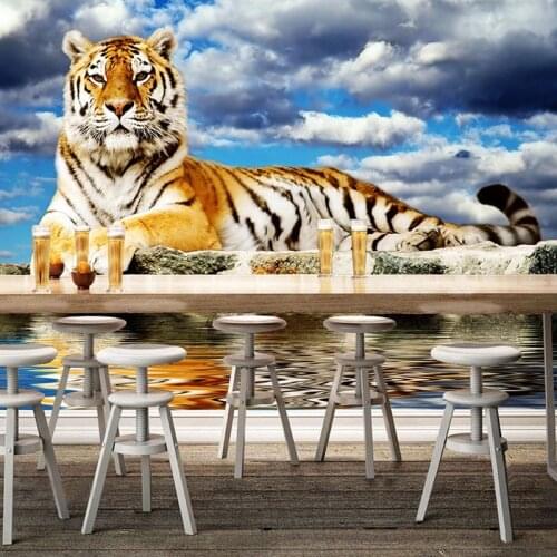 Custom Mural Wallpaper 3D Stereo Lifelike Tiger Blue Sky And White Clouds Wall Painting Living Room Bedroom Cartoon Wall Papers