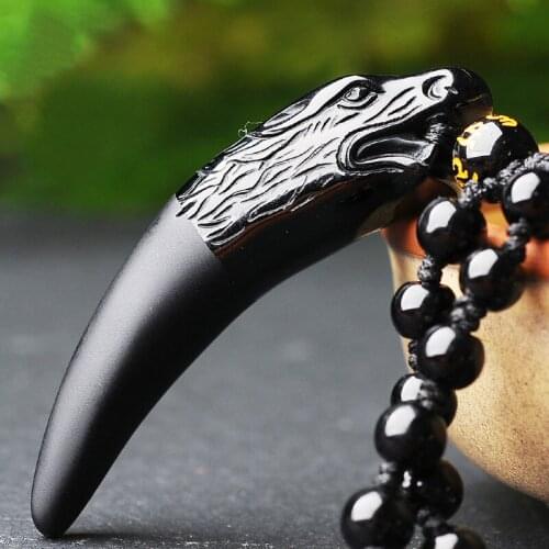 Carved Black Obsidian Wolf Tooth Jade Pendant Necklace Chinese Fashion Charm Jewelry Accessories Amulet for Men Women Luck Gifts
