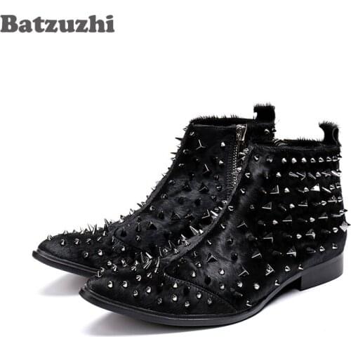 Rock Men Boots Western Knight Boots Black Horse Hair Ankle Boots Men with Silver Rivets Safety Boots Military Spikes Men Botas
