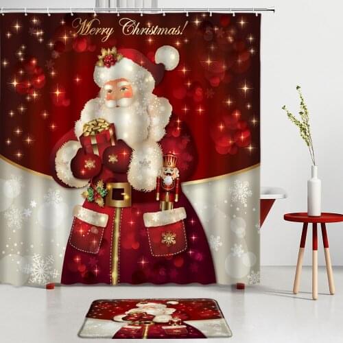 Merry Christmas Shower Curtains Set Santa Claus Red Gift Bath Mats Bathroom Rugs Entrance Door Mats Room Decoration Carpets