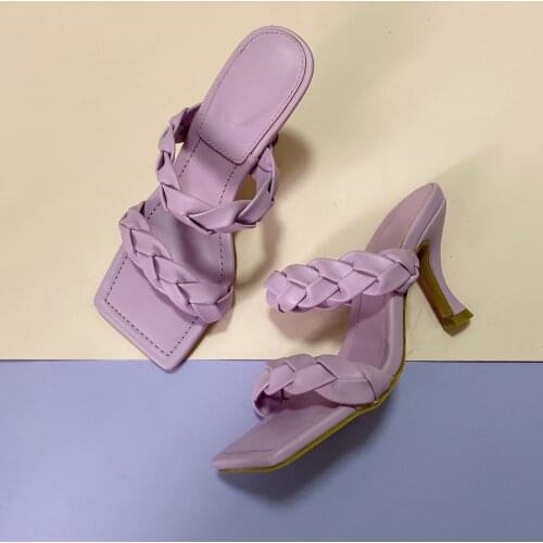Women Fashion Weave Style High Heel Sandals Ladies Slip-on Slipper Braid Rope Sandels for Women Summer Purple