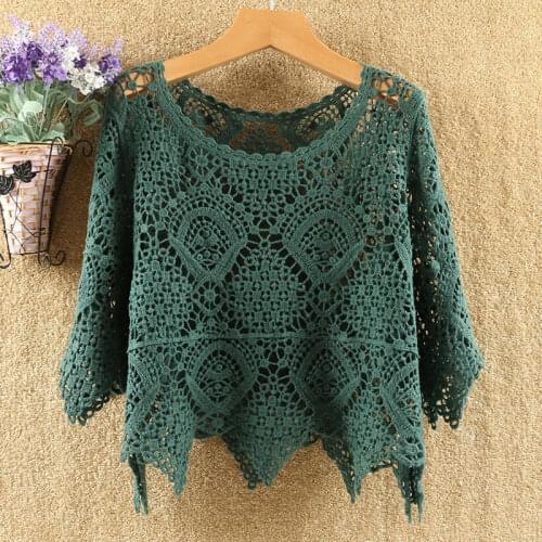 Shawl hollow knit sweater thin style literary pullover blouse womens air-conditioning shirt top pullover