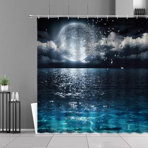 Moonlight Sea Surface Shower Curtains Night View Starry Sky Print Machine Washable Quick Dry Home Bathroom Decoration Curtain