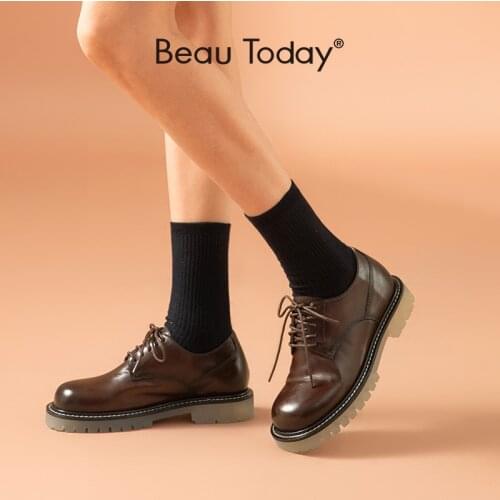 BeauToday Derby Shoes Women Genuine Cow Leather Lace-Up Round Toe Transparent Sole Spring Autumn Lady Shoes Handmade 21855