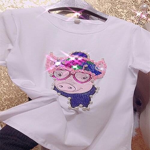Heavy Industry Shiny Cartoon t-shirt women short sleeve Beaded Sequins Colored Pigs Cotton Stretch Top tees