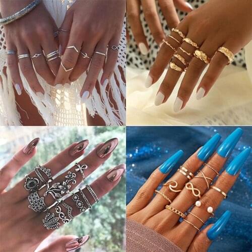 Vintage Boho Pearl Knuckle Ring Set For Women Trendy Moon Star Geometric Crystal Finger Rings Fashion Gold Silver Color Jewelry