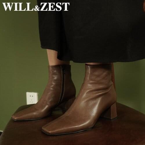 WILL&ZEST Women Short Boots 2020 Leather Black Western High Heels Fur Chunky Winter White Western Booties Wholesale 2021 Fashion