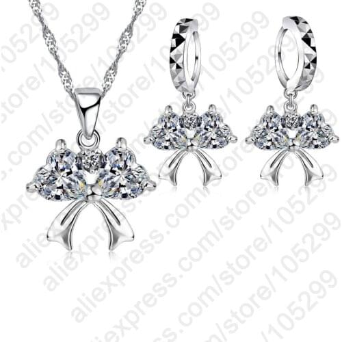 Factory Price! 925 Sterling Silver Luxury Womens Long Statement Bow Pendant Sweater Jewelry Sets With Cubic Zirconia