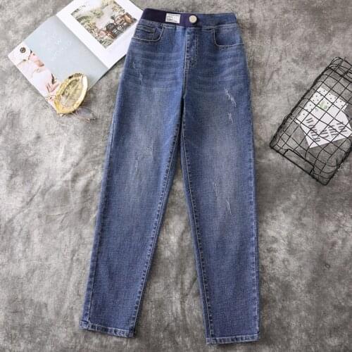 Lente Bekrast Gebleekte Vrouwen Jeans Hoge Taille Stretch Broek Vrouwelijke Plus Size Losse Harembroek Mujer Elastische Terug Ta