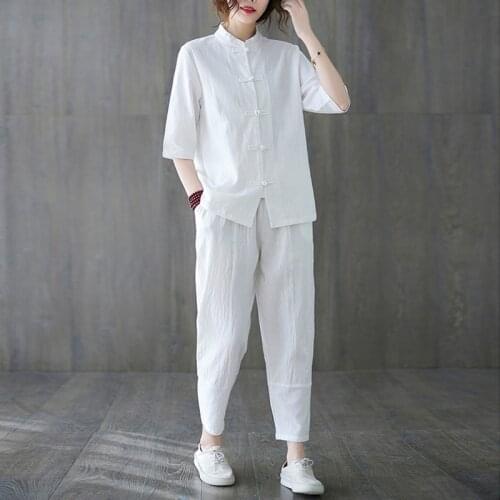 Summer two piece sets Women Chinese Autumn Long sleeve Tan suits Casual Plus size Cotton Linen suit blouse + Haren Pants