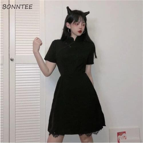 Dresses Women Chinese Style Summer Pure Color Lace Knee-length Fashion Vintage A-line Mandarin Collar Feminine All-match Casual