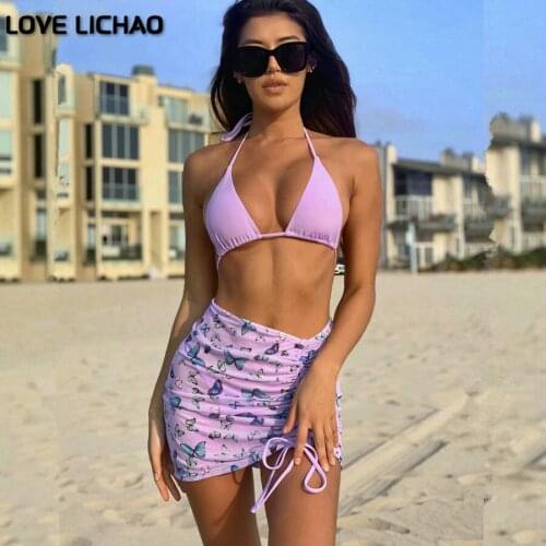 Swimwear Women 3 Piece Bikini Set Print Drawstring Tie Up Mesh See Through Skirts Sets Lady Fashion Beach Party Outfits