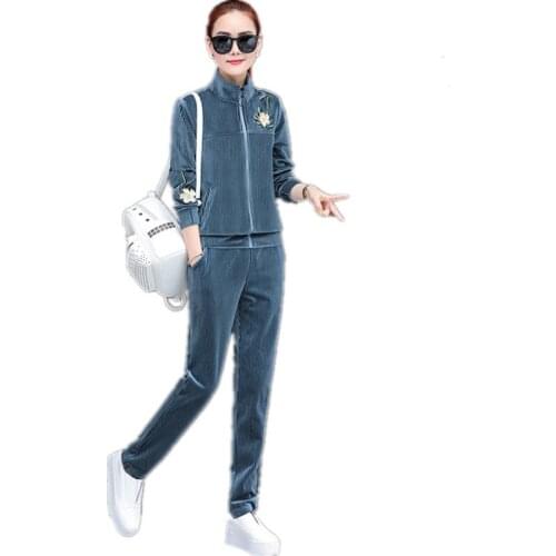 European fashion Lady clothes set Embroidered Leisure sports suit Corduroy 2 piece set High quality Autumn Women clothing 1607