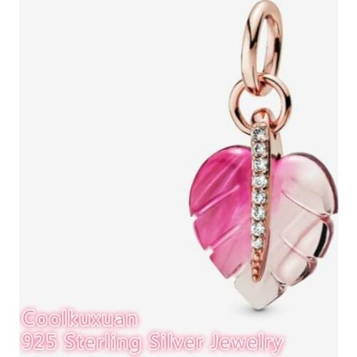 100% 925 Sterling Silver Pink Murano Glass Leaf Pendant beads Fits Original Pandora bracelets Jewelry Making