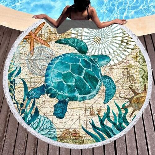 Ocean Whale Hippocampus Octopus Turtle Animal Beach Bath Towel Round Sea Blanket Seaside Yoga Carpet Picnic Mat Absorbent