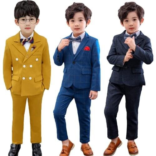 3Pcs Boys Plaid Suits Formal Attire Birthday Wedding Party Outfit Blazer Jacket + Vest + Pants Dresswear Kids Clothing Set
