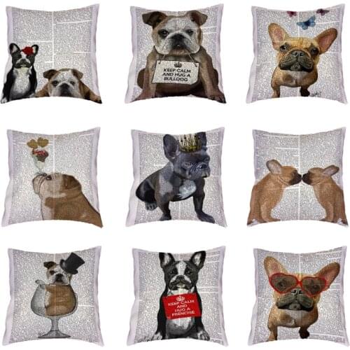 Abstract Vintage Newspaper Pugs Tea Cup Dogs White Cushion Covers Home Decor Keep Calm And Hug A Bulldog Pillow Cases Peach Skin