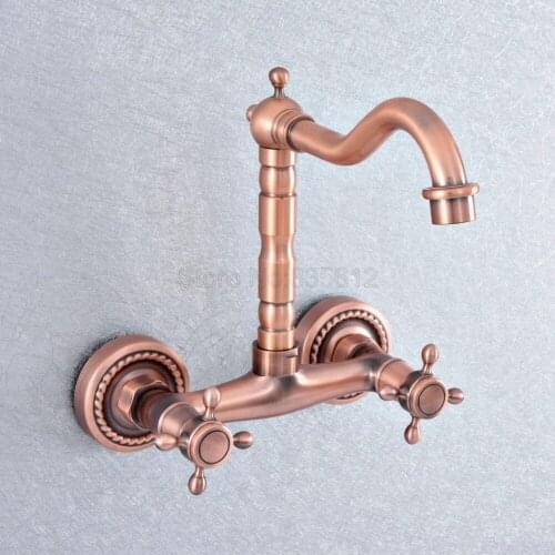 Antique Red Copper Brass Double Cross Handles Swivel Spout Kitchen Bathroom Tub Sink Faucet Mixer Water Taps tsf859