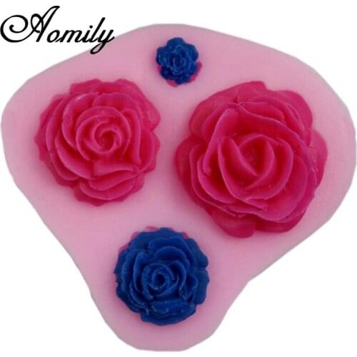 Aomily 4 Holes 3D Rose Flowers DIY Cake Candy Jely Pudding Chocolate Silicone Mold Sugar Fondant Baking Decorating Tool Bakeware