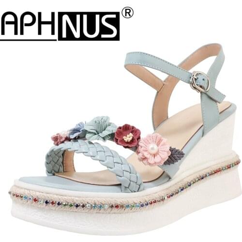 APHNUS Womens Sandals Flowers Ruffles Trifle Wedges Mid High Heels Pumps Woman 2020 Shoes For Women New