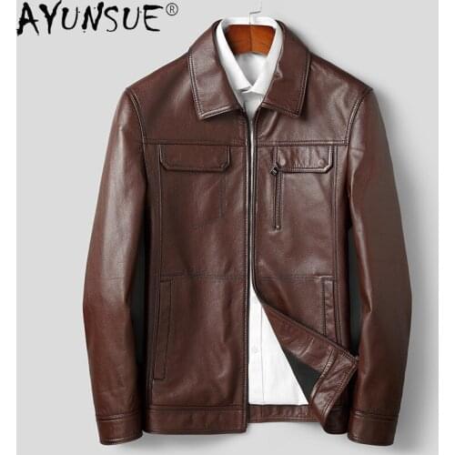 AYUNSUE 2021 Casual Mens Genuine Cowhide Leather Jackets New Black Leather Coats Mens Outerwear Korean Style Veste Homme SQQ290