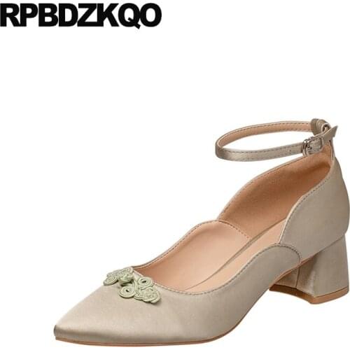 Block Brand Thick Luxury Shoes Women Designers Chunky China Satin Ankle Strap Size 4 34 Pumps 33 2021 Medium Heels Pointed Toe