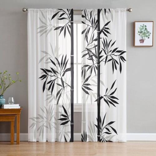Black White Bamboo Chinese Style Tulle Window Curtain for Living Room Modern Sheer Curtain for Bedroom Kitchen Drapes Custom