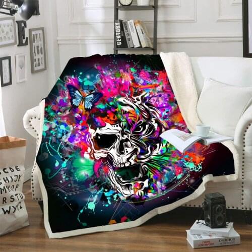 Colorful Print Skull Sherpa Throw Blanket 3D Skull Bedspread Flannel Blanket on Sofa for Chatting Reading Washable Microfiber