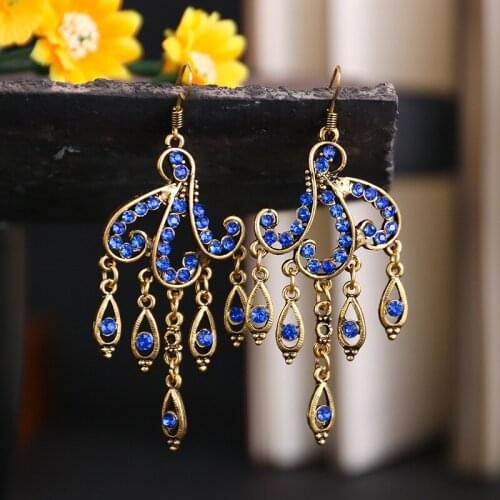 Ethnic Gold Alloy Wave Blue Beads Tassel Earrings For Women Jewelry Vintage Baroque Rhinestones Earrings Bijoux
