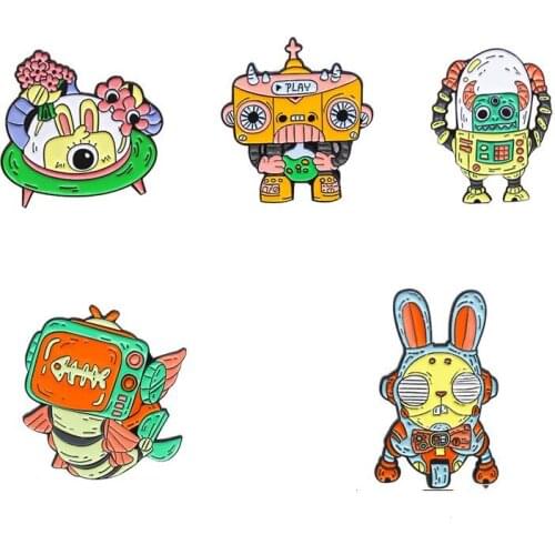 HOSENG Mechanical Spaceship Rabbit Cartoon Brooch Fashion Punk Lapel Hat Enamel Jewelry Pin Gift HS_539