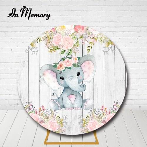 InMemory Wood Pink Flowers Elephant Round Backdrop Cover Newborn Baby Shower Girls 1st Birthday Party Circle Background Elastic
