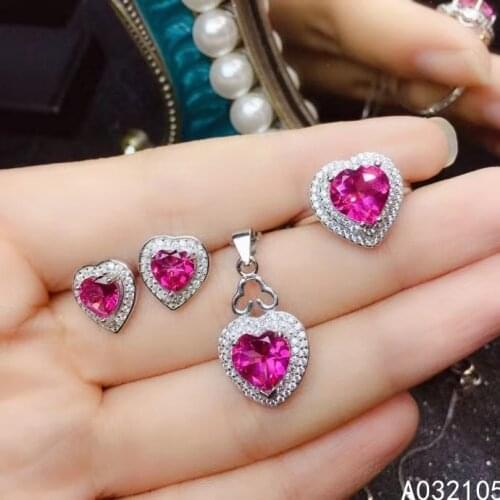KJJEAXCMY fine jewelry 925 sterling silver inlaid Natural pink topaz women popular lovely heart gem Ring Earring pendant set sup